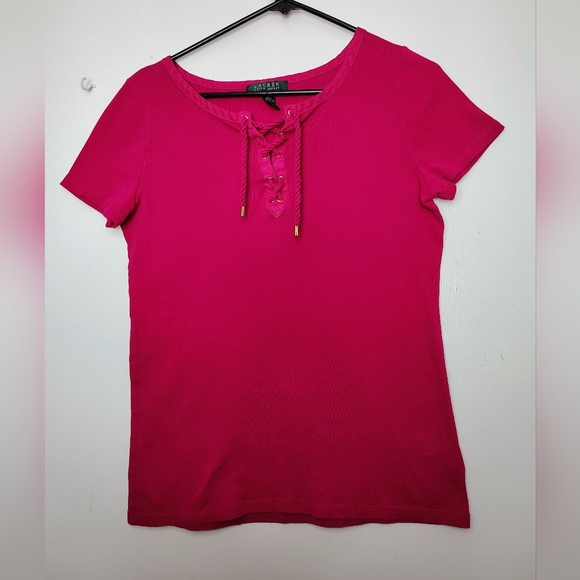 Lauren Ralph Lauren top blouse V-neck tie, cotton casual outfits Colorful Large. - Picture 1 of 11